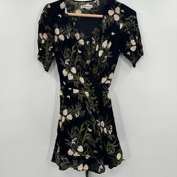 Reformation Monica Anastasia Floral Ruffle V-neck Tie Wrap Mini Dress - Picture 2 of 11